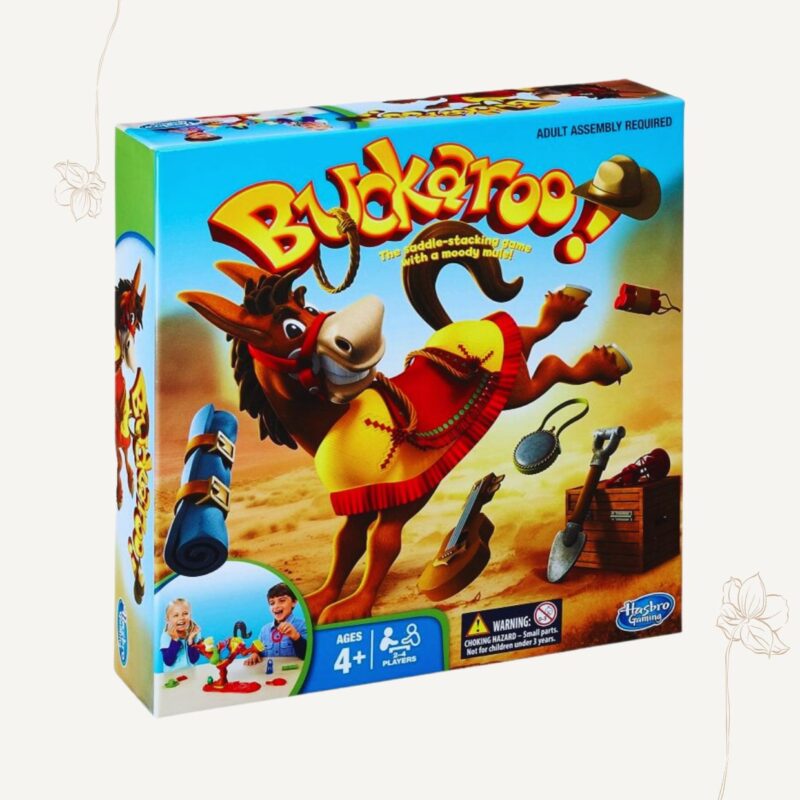 The Buckaroo Board Game is a stacking game for two or more players, ages 4 and up, that involves loading a horse with gear for a gold mining journey.
