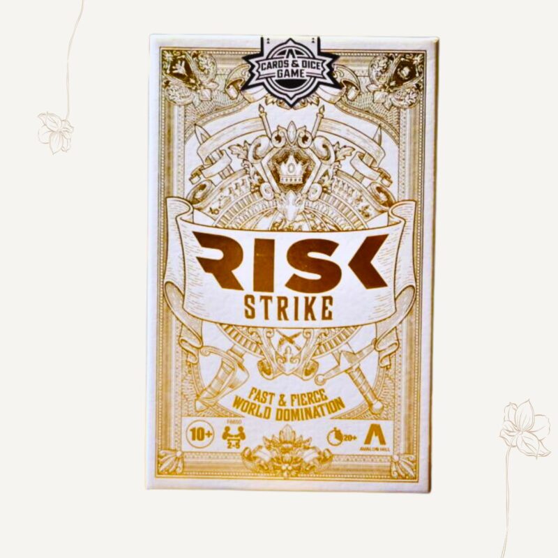 Introducing Risk Strike, a fast-paced and tactical card and dice game that offers a fresh take on the classic Risk board game. Includes a combination of 42 continent cards, 40 tactics cards, 5 reference cards, 6 domination coins, 3 red dice, 2 black dice, and a rule book