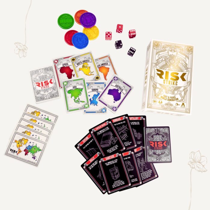 Risk Strike includes a combination of 42 continent cards, 40 tactics cards, 5 reference cards, 6 domination coins, 3 red dice, 2 black dice, and a rule book.