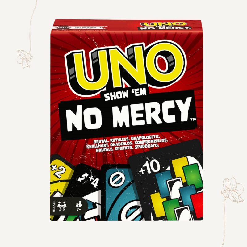 The UNO No Mercy is a card game variation of the Original Mattel UNO that includes tougher penalties, additional cards, and rules. The game deck includes 168 cards in total, which is 56 more than the standard 112 cards in UNO, perfect for kids and families.